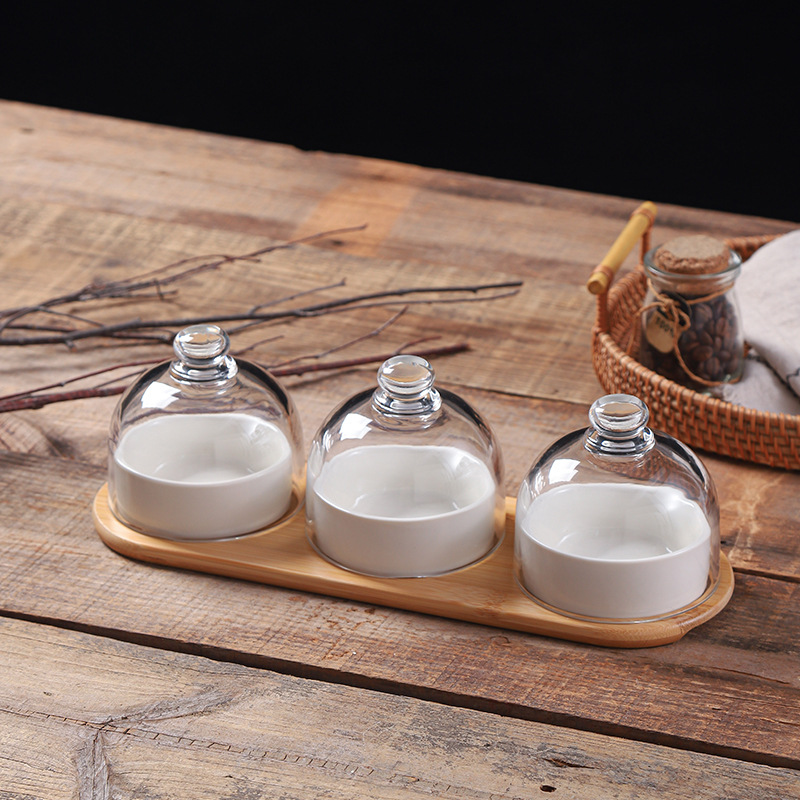 Plato de bocadillos de cerámica creativo con cubierta de vidrio, té de la tarde, postre, tazón de horneado, plato de refrigerio casero, plato de fruta seca