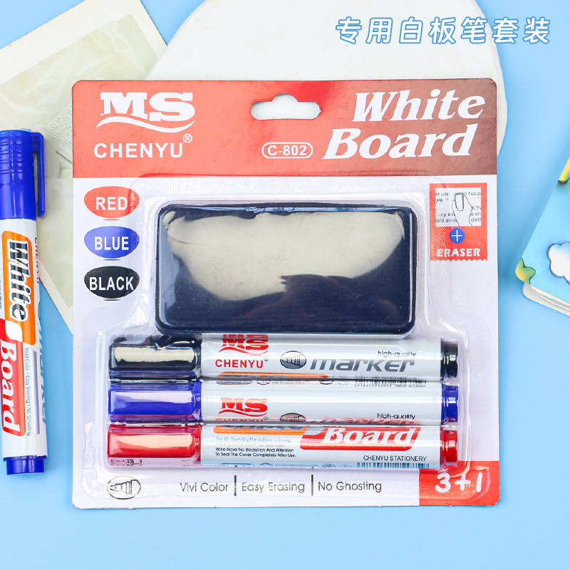 Bolígrafo de pizarra transfronteriza, versión de comercio exterior en inglés completo, MS con cepillo, tres colores, conferencia de gran capacidad, bolígrafo de pizarra, punto rápido