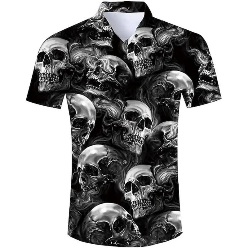 Summer Hawaiian Skull Shirt Men's 3D Print Beach Short Sleeve Button Casual Men's Skull Shirt