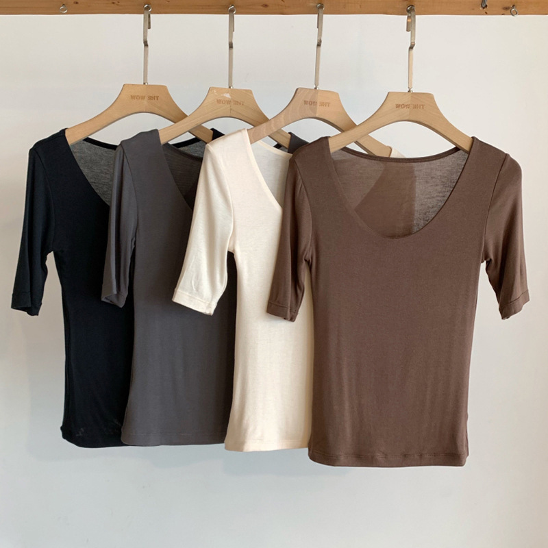 Fashionable Mulberry Silk Soft, Breathable and Moisture-Absorbent Spoon Collar Small U-Neck Pure Color Short T-Shirt F031015