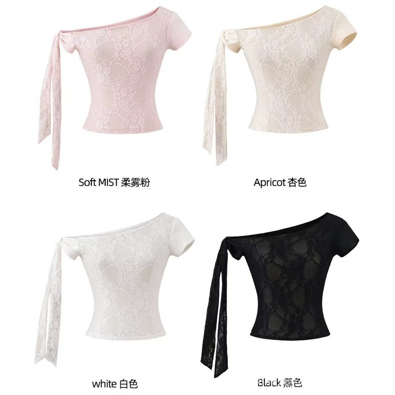 Sexy One-Sided Strap Off-Shoulder Short-Sleeve T-Shirt for Women, Pure Desire Lace, Front and Back Multi-Wear Splicing, Petite Slimming Top Sexy One-Sided Strap Off-Shoulder Short-Sleeve T-Shirt for Women, Pure Desire Lace, Front and Back Multi-Wear Splicing, Petite Slimming Top
