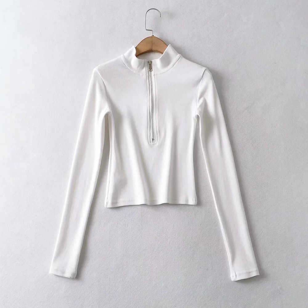 front zipper stand-up collar long-sleeved t-shirt  NSAC32336