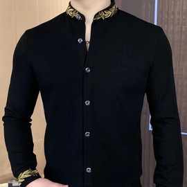 高档欧货衬衫刺绣新款男士时尚长袖洋气衬衣奢华卫衣潮牌轻奢男装