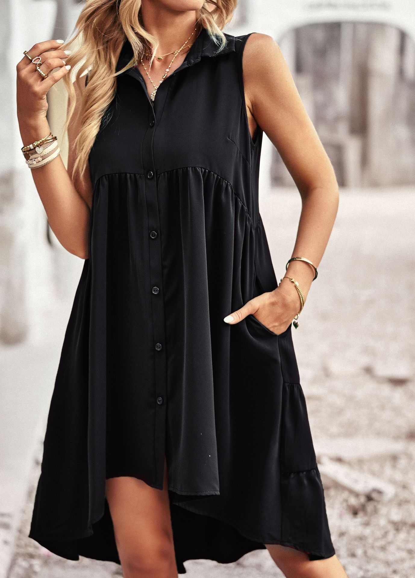 Fashion Solid Color V Neck Sleeveless Patchwork Polyester Knee-Length A-Line Skirt