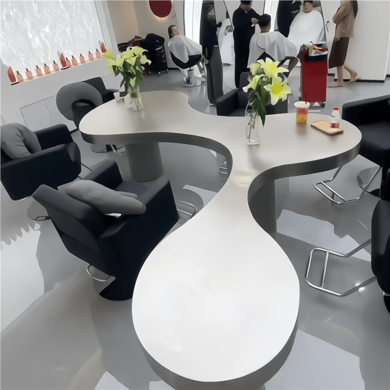 网红发廊烫染区不规则工作台高端异型不锈钢吧台美容院休息区台面