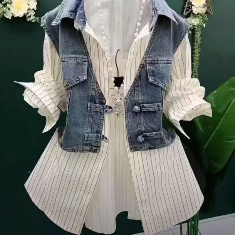 设计感假两件牛仔衬衫女款春秋韩版休闲洋气百搭拼接条纹上衣|undefined