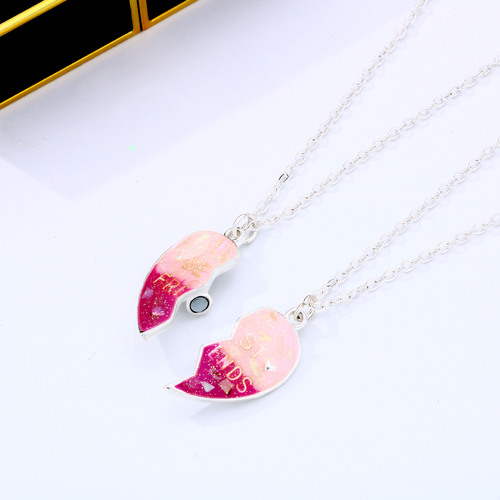 Cross-border hot selling BFF gradient color children's necklace love alloy dripping oil magnet good friend necklace set