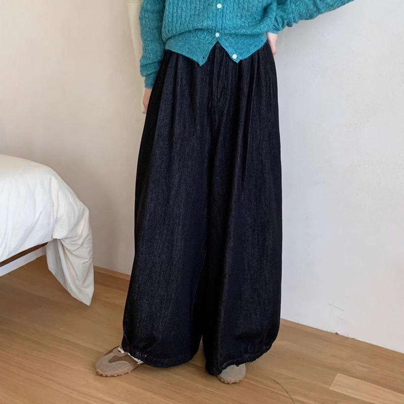 Wide-Leg Jeans 2025 Autum New Fashion Elastic Waist Button Large Size Slim Casual Pants for Women 65310