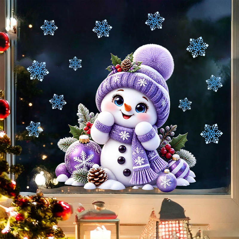 Dreamy purple-themed, adorable snowman Christmas decorations: static cling, no glue needed, won't damage glass, perfect for living room windows, creating a festive atmosphere Dreamy purple-themed, adorable snowman Christmas decorations: static cling, no glue needed, won't damage glass, perfect for living room windows, creating a festive atmosphere
