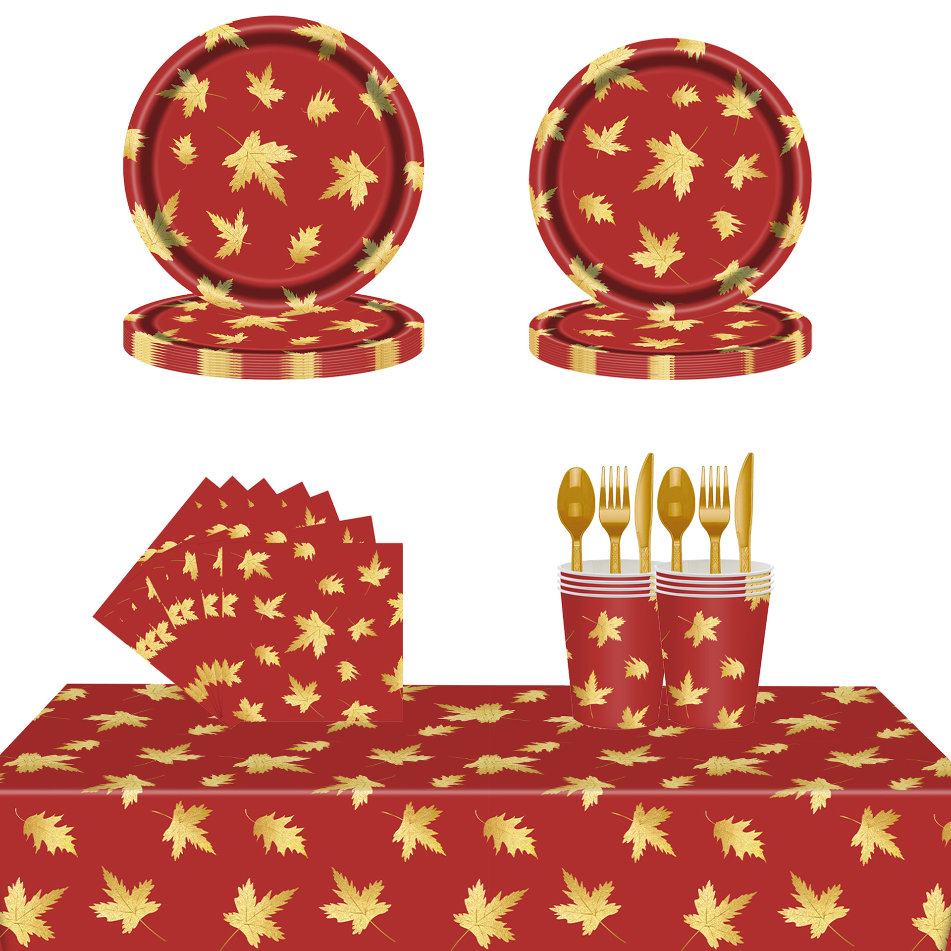 印刷烫金节日新年主题派对餐具秋季枫叶高档婚礼派对一次性纸餐具