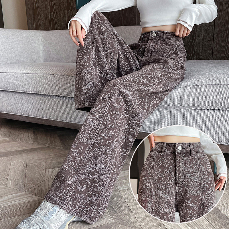 Quần jean ống rộng nữ in họa tiết, lưng cao, form suông dài — màu nâu, màu xanh