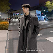 毛呢大衣男灰色秋冬季中长款加厚宽松过膝风衣男韩版呢子西装批发