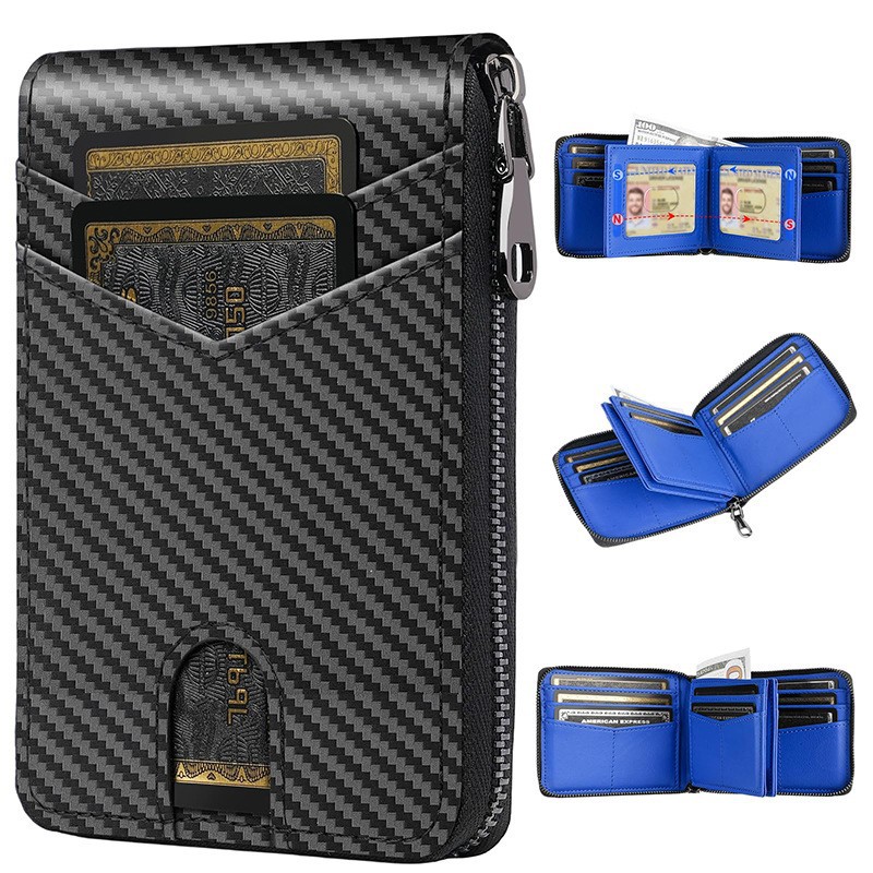 Amazon cartera de tarjetas de fibra de carbono multi-tarjeta de cuero cartera de cremallera RFID anti-robo cartera de negocios para hombres