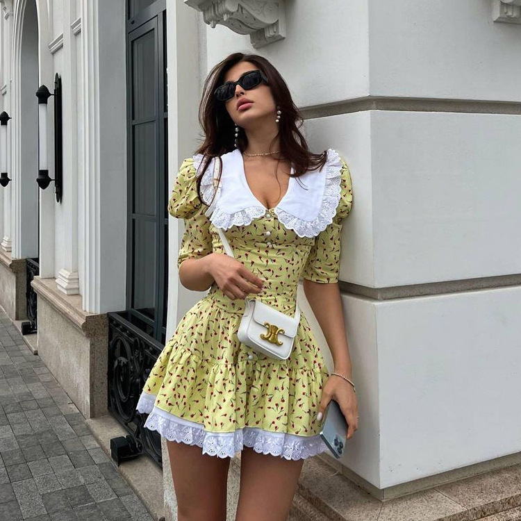 European and American Cross-Border 2026 Summer New Doll Collar Short-Sleeve Floral Dress, Stylish and Elegant with a Cinched Waist and Puffy Skirt