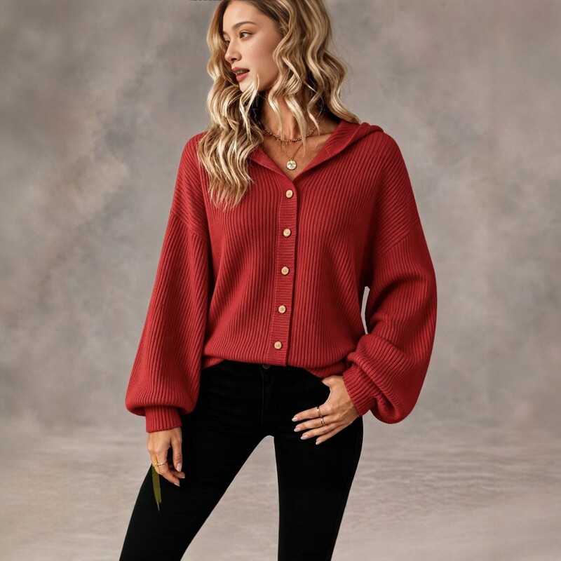 2026 Autumn/Winter New Solid Color Hooded Knit Cardigan for Women, Loose Long Sleeve Button Casual Top 2026 Autumn/Winter New Solid Color Hooded Knit Cardigan for Women, Loose Long Sleeve Button Casual Top