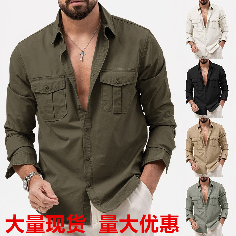 2025 Aliexpress Independent Site European and American Men's Shirts with Double Pockets Casual Long-Sleeve Tops Versatile Simple Casual
