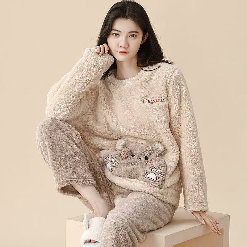 Franela al por mayor transfronteriza otoño invierno engrosado dulces dibujos animados sueltos chaqueta casual de coral pijama ropa doméstica de mujer