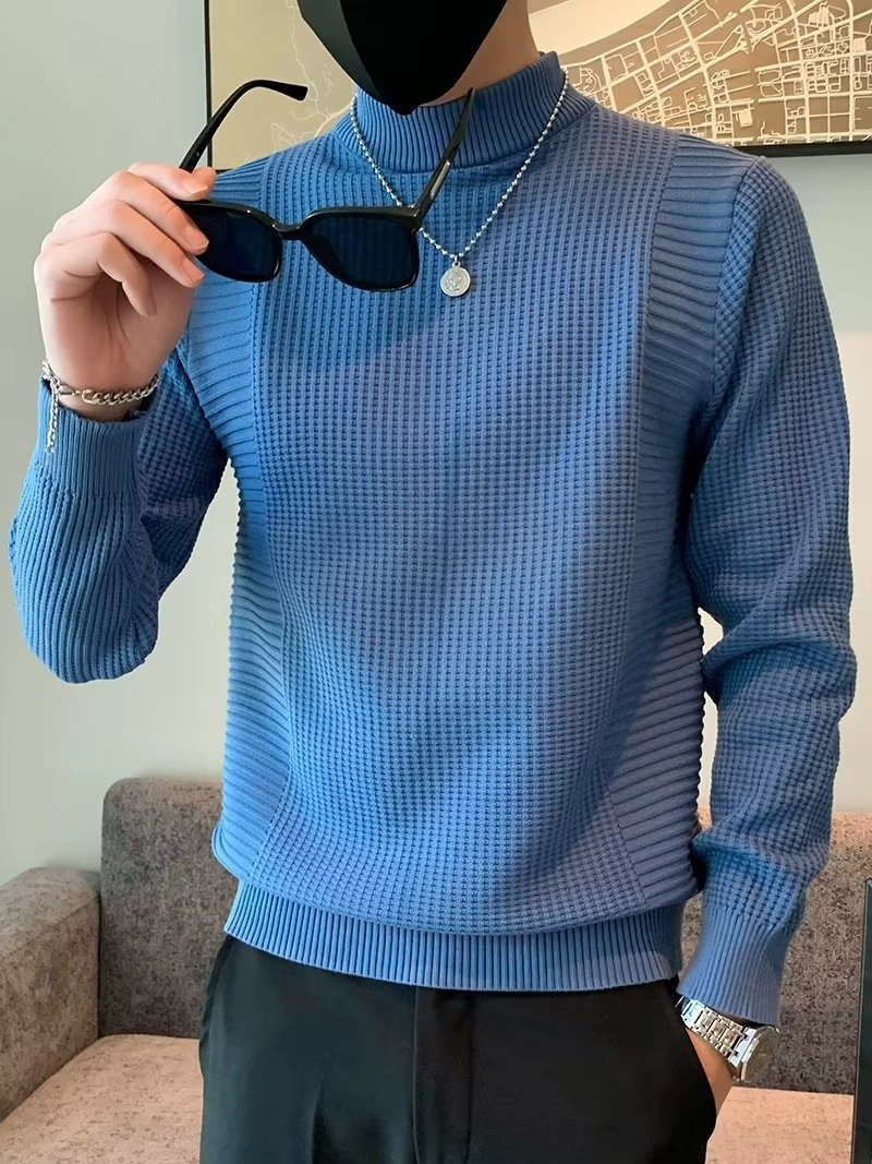 Мужской эластичный цветной вязаный демисезонный базовый свитер, slim fit