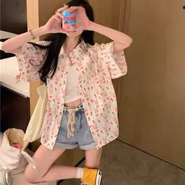 甜美碎花短袖衬衫女夏季新款韩版宽松显瘦少女感百搭小众开衫上衣
