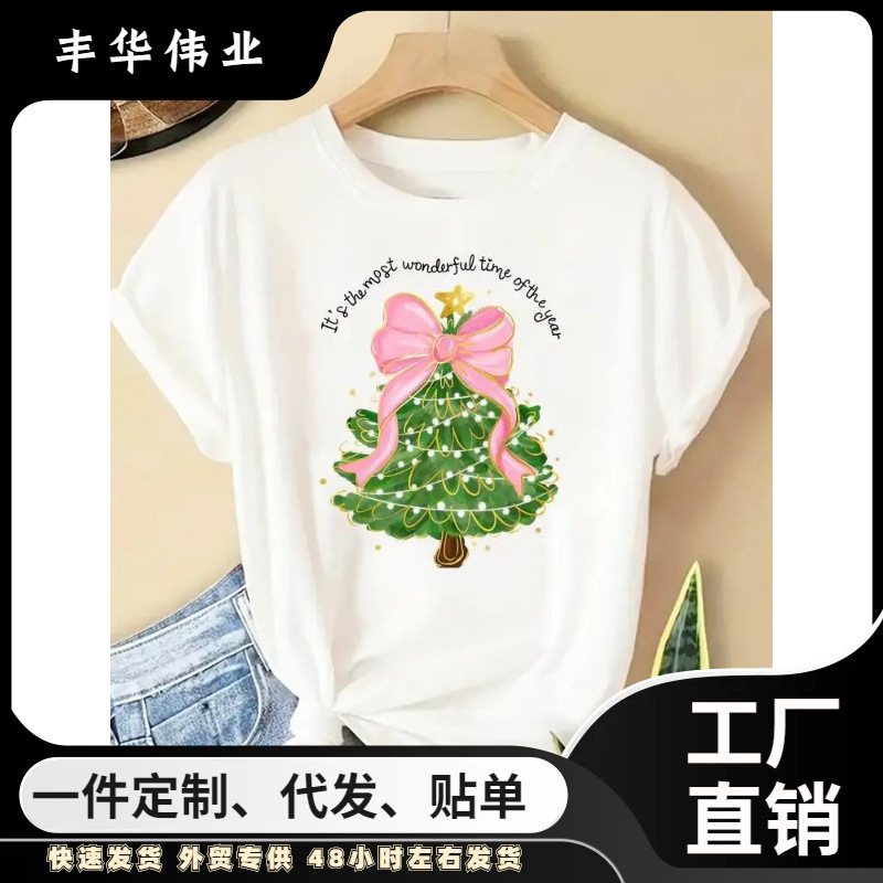 Bowknot Letter 90S Trend New Year Women Merry Christmas Clothes Tops T-Shirt Festival Print Fashion t