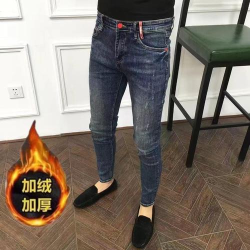 Deep Blue Fleece Lined Thick Slim Fit Men's Jeans Men's Retro Summer Thin Slim Straight Leg Korean Style Elastic Trendy