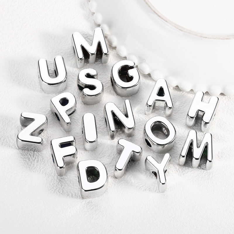 Electroplated Silver Acrylic Large Hole Letter Beads DIY Jewelry Accessories Bag Charm Phone Chain Beads Loose Beads Straight Hole Beads