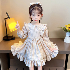Girls' Autumn Princess Dress Spring and Autumn Long Sleeve Dress with Childlike Collar Polka Dot Dress Sweet and Cute Everyday Dress