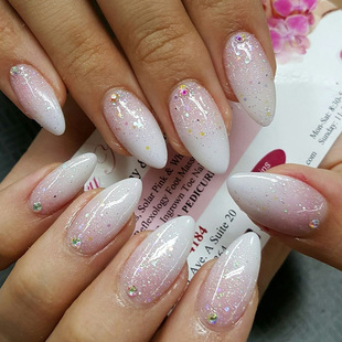 24 Pieces of Medium-Length Almond Pink Gradient Manicure, Baby's Breath Glitter Nail Stickers, Cross-Border Hot-Selling Diamond-Encrusted Wearable Nails