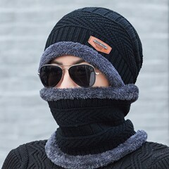 两件套韩版护耳青中年冬季女冬天保暖帽子男针织加绒套头毛线帽