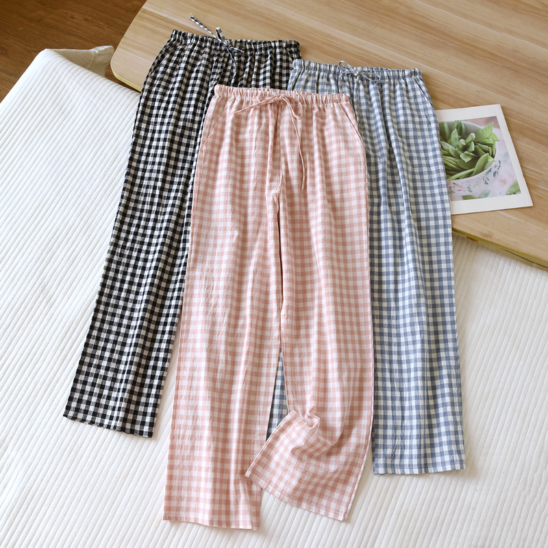 Japanese-Style Washed Cotton Plaid Pocketed All-Season Women's Pajama Pants, Pure Cotton, Thin, Elastic Waist, Suitable for Wearing Outside, Home Long Pants Japanese-Style Washed Cotton Plaid Pocketed All-Season Women's Pajama Pants, Pure Cotton, Thin, Elastic Waist, Suitable for Wearing Outside, Home Long Pants