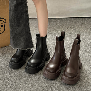 Chelsea Boots Women's Spring & Fall Single Boots 2025 New Large Toe Thick Sole Chimney Mid-Calf Boots Brown Short Boots Trbottomy Women