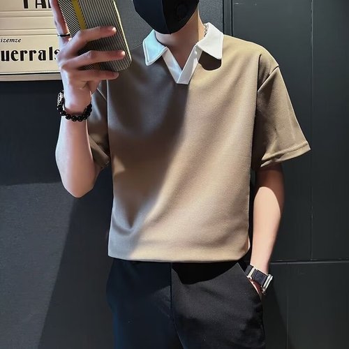 Selected High-End Men's Summer Trend Brand Pimp Style Splicing V-Neck 2024 New Arrival Men's Summer Half-Sleeve Polo Shirt