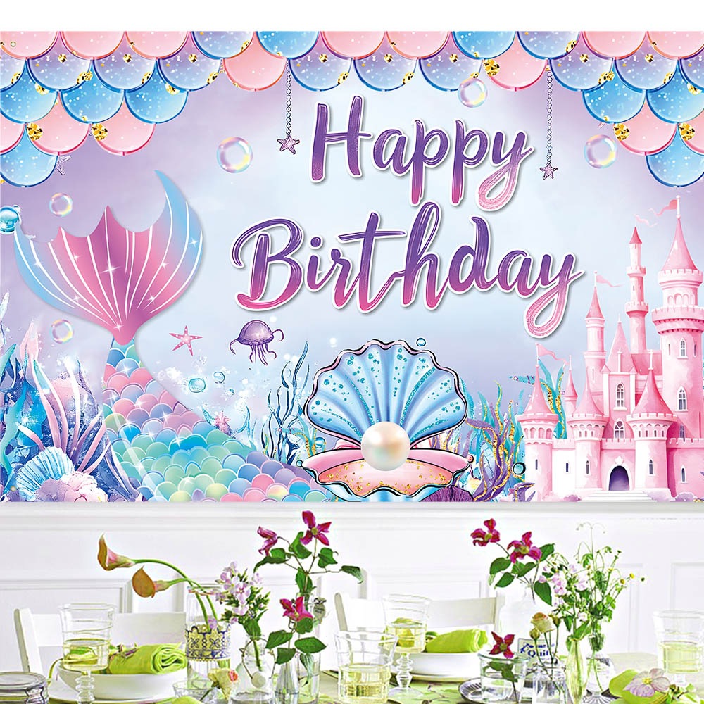 Nuevo tema de sirena tela de fondo de decoración de cumpleaños sirena océano tela de fondo de decoración de fiesta de cumpleaños para niños
