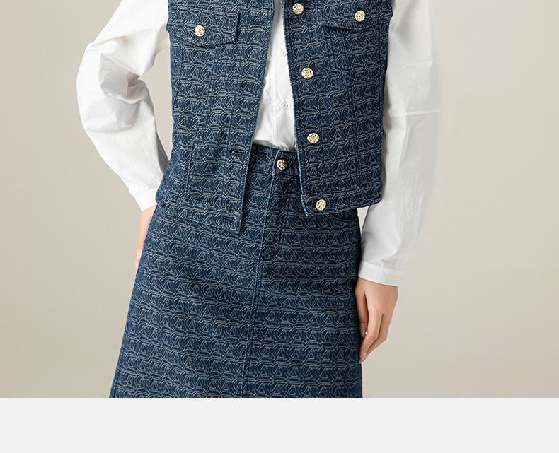 Bộ vest denim nữ gồm áo khoác blazer và chân váy midi, phong cách công sở xuân hè — Váy nửa 5609 màu xanh lam chi tiết 10