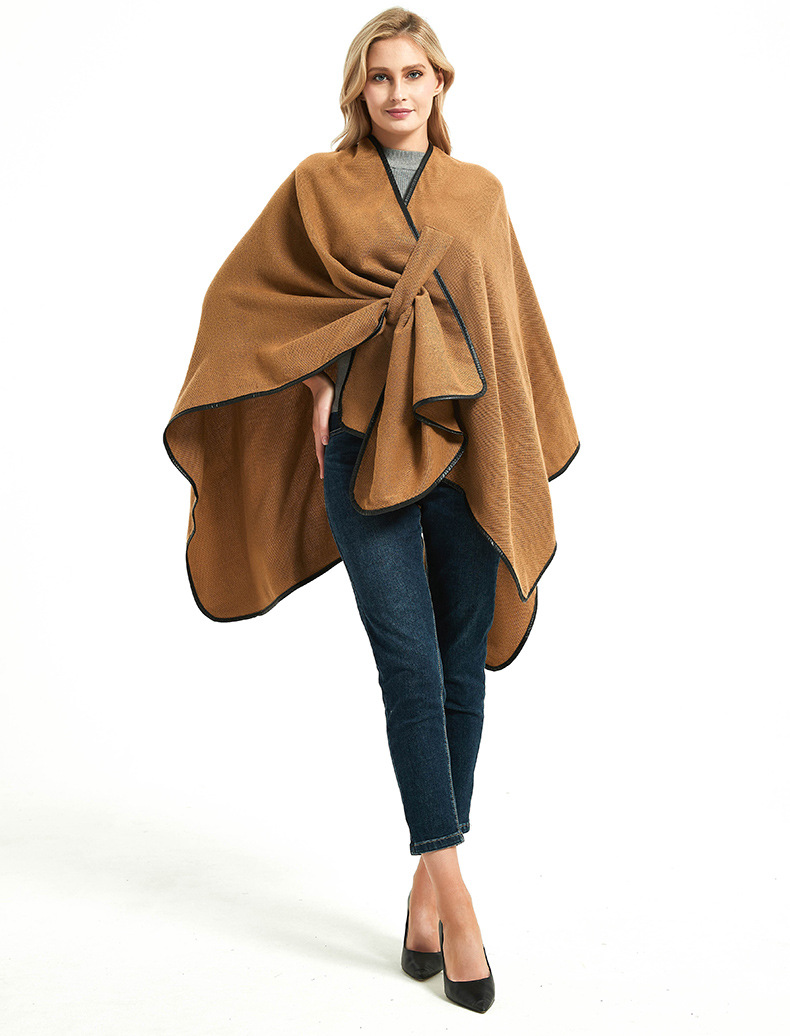 Unisex Fashion acrylic women's shawl clasp leather edge Solid camel split shawl_voghion.com