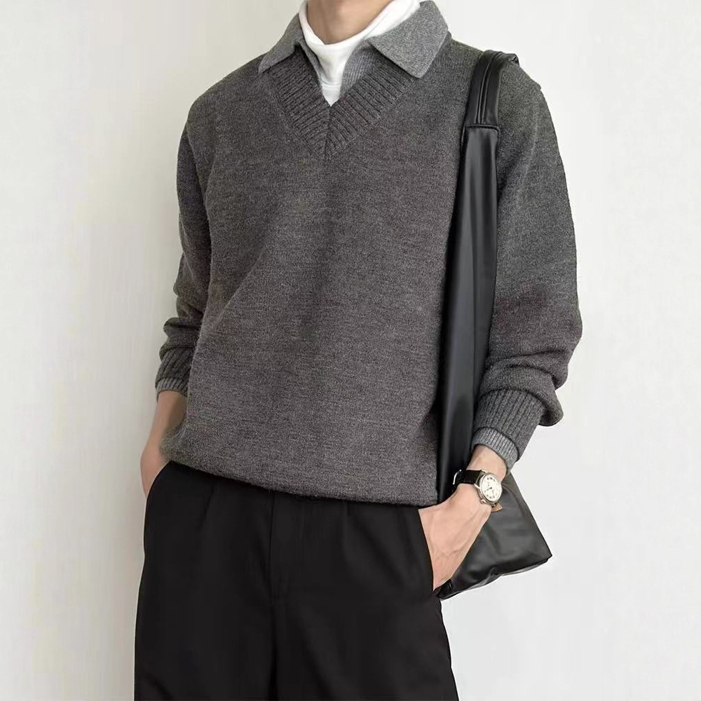 Suéter de punto de hombre falso camisa de dos piezas de cuello V coreano casual camisa de base de negocios ligera abrigo de viento perezoso transfronterizo