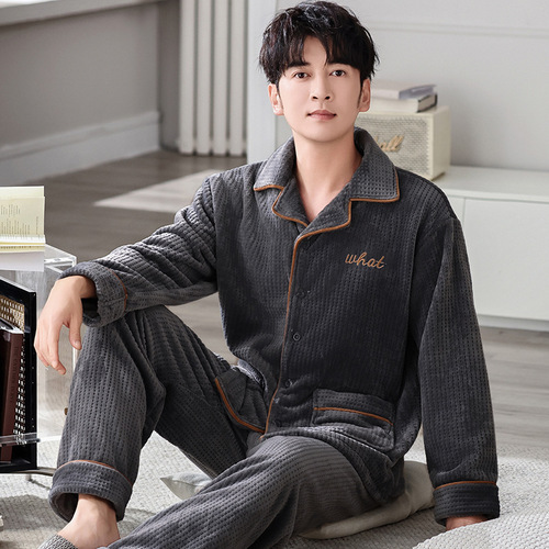 New Men's Winter Milk Fleece Long-Sleeve Thickened Large Size Simple Men's Pajama Home Suit Set