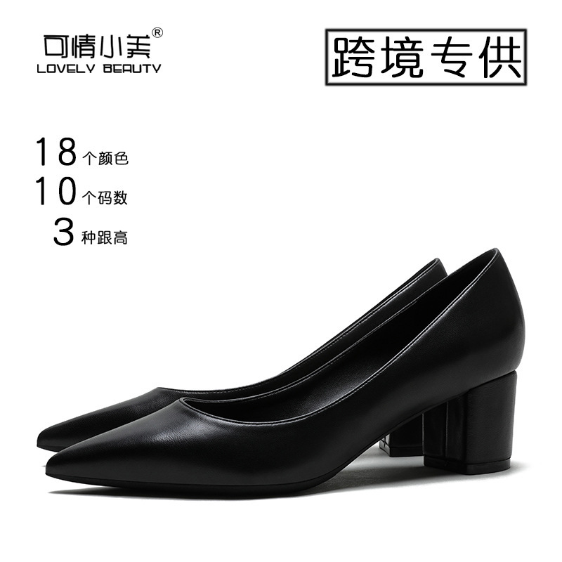 Cross-Border European and American Sexy Pointed Toe Thick Heel Comfortable High Heels Sheep Pattern Black Flats for Women Amazon Wish