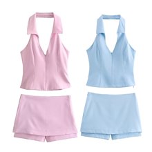 外贸批发欧美风 衬衫式挂脖领上衣2796777低腰裙裤3067407套装