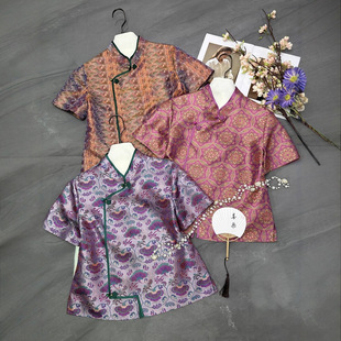 Three-Color Silk Brocade Top with Retro New Chinese Style, Improved Original Stand Collar, Diagonal Placket, and Buttoned Blouse