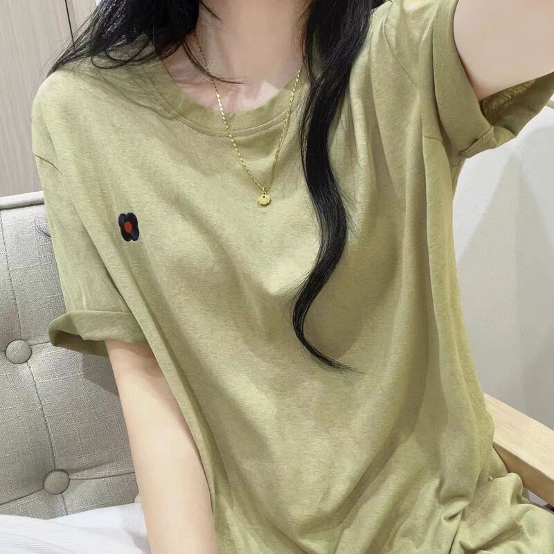 Thin Simple Embroidered Snowflake Cotton Short-sleeved T-shirt Women's Summer New Korean-style Loose Slimming All-match Western-style Top