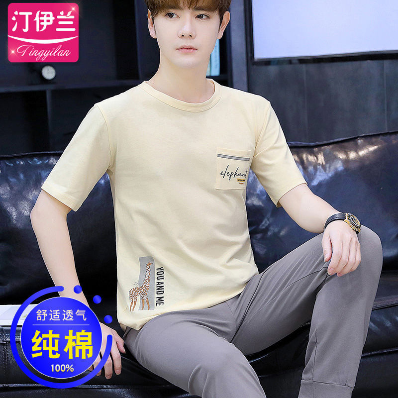 Internet celebridad cardigan pijamas casuales de los hombres de algodón de verano Delgado pantalones de manga corta traje ropa de casa de verano