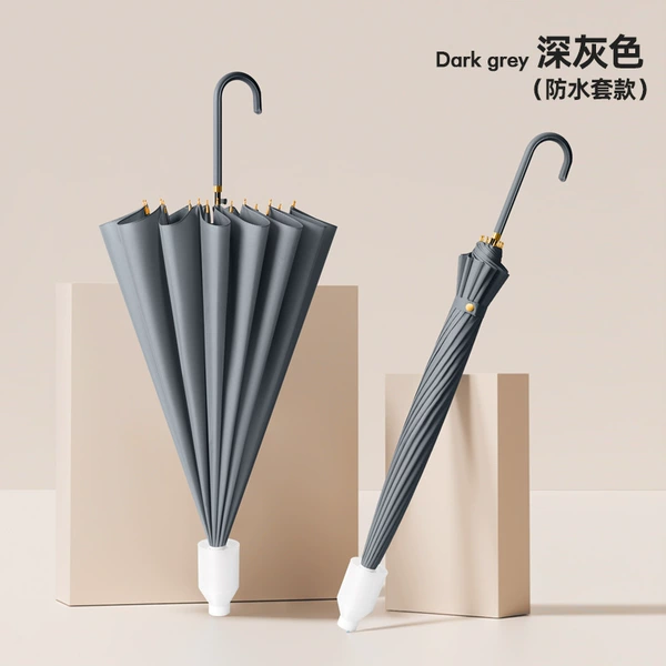 Dark gray with waterproof cover-16 bone skin bent handle-fiber wind-resistant umbrella bone