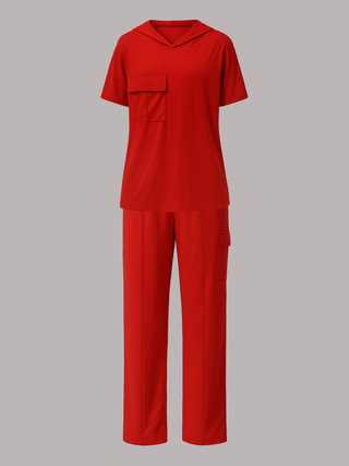 Women's Casual Hooded T-Shirt & Straight Leg Pants Set - Solid Color Lounge Outfit (S-XXL, Blue/Black/Gray/Red)_ecoleips.com