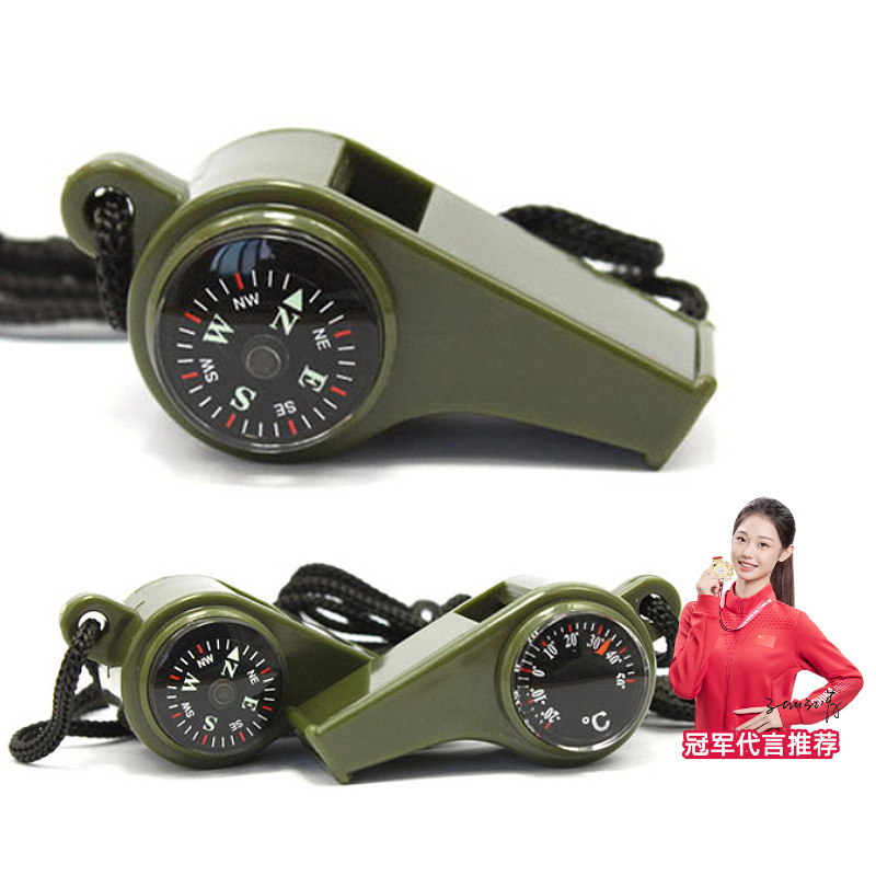 Three-In-One Compass Life-Saving Whistle Thermometer Outdoor Multi-Functional Survival Whistle Portable High-Frequency Whistle with Lanyard