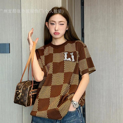 正确版本驴家针织T恤 2025新款棋盘格字母提花休闲宽松男女款短袖