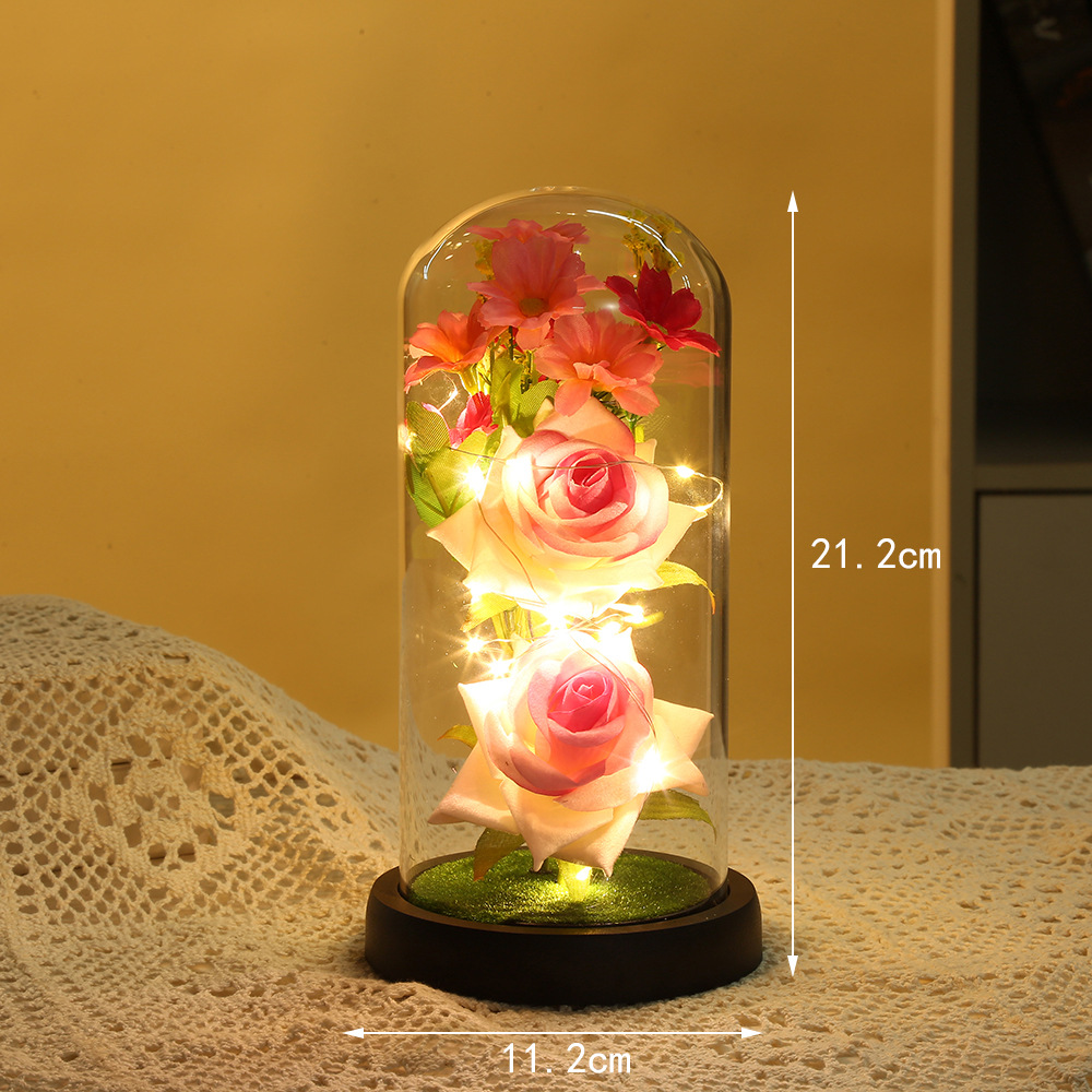 Valentine's Day Gift Everlasting Flower Glass Dome Rose Bouquet Gift Box Artificial Flower Gift Home Decor Dust Cover