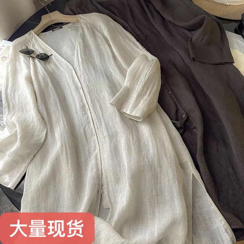 Retro Literary V Neck Lazy Style Dropped Shoulder Sleeves Linen Mid-Length Shirt Skirt Women's Thin Sun Protection Cardigan Women's Spring and Summer