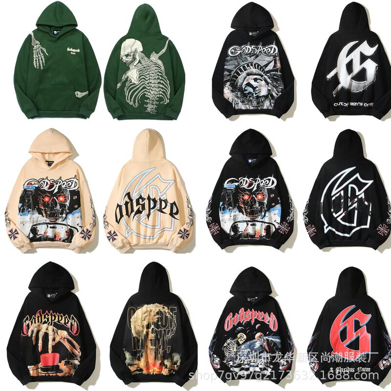 Godspeed American Trendy High Street Retro Hip-Hop Street Funny Back Skull Print Hooded Sweatshirt for Men