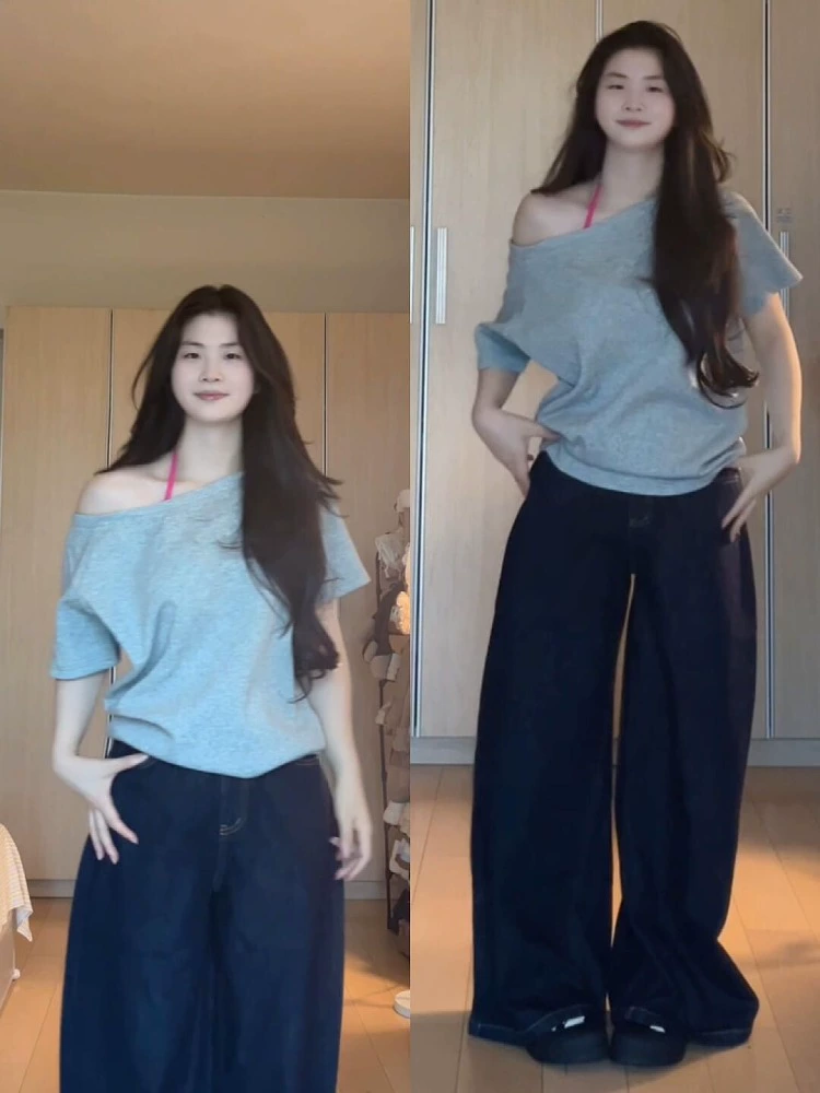 Плюс размер fat mm дизайн однотонный воротник с открытыми плечами серая футболка с короткими рукавами женская летняя свободная повседневная футболка топ с косыми плечами